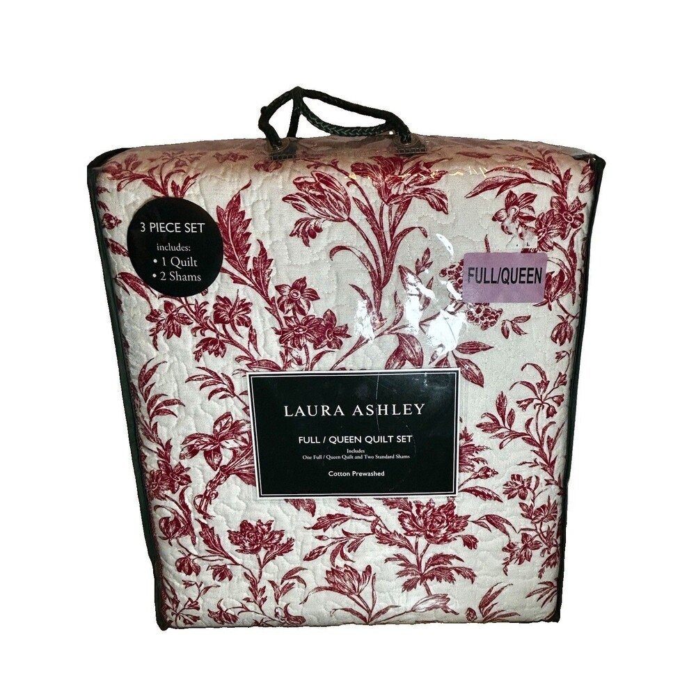 Laura Ashley Ashington Full Queen Quilt Set, 3 Piece Red Floral Cotton Prewashed - Picture 13 of 14